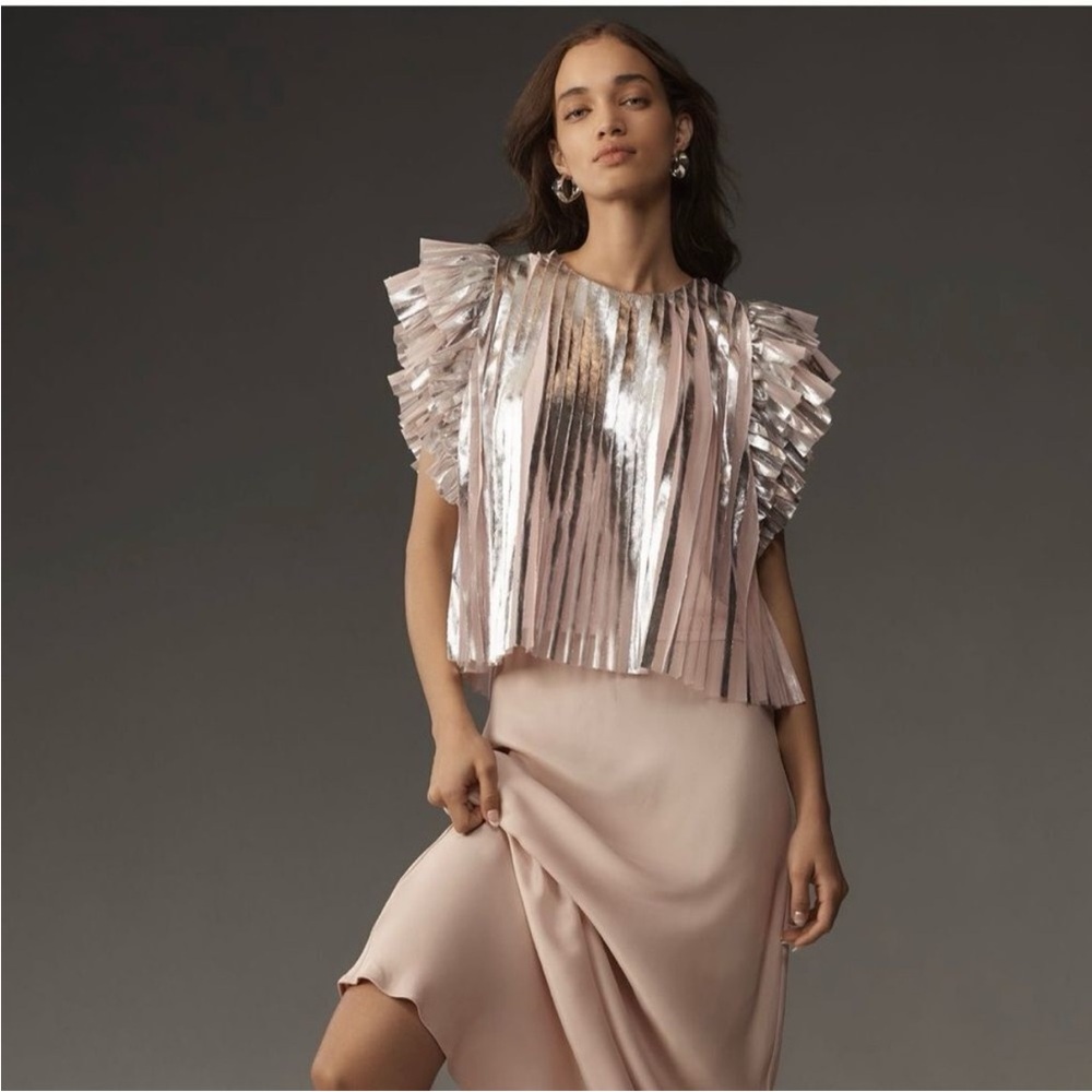 Anthropologie Metallic Pleated Ruffle Sleeve Top - Blush (Size S)